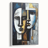 Framed abstract figurative wall art in a sleek white frame, showcasing vibrant colors and dynamic shapes, ideal for modern home decor.