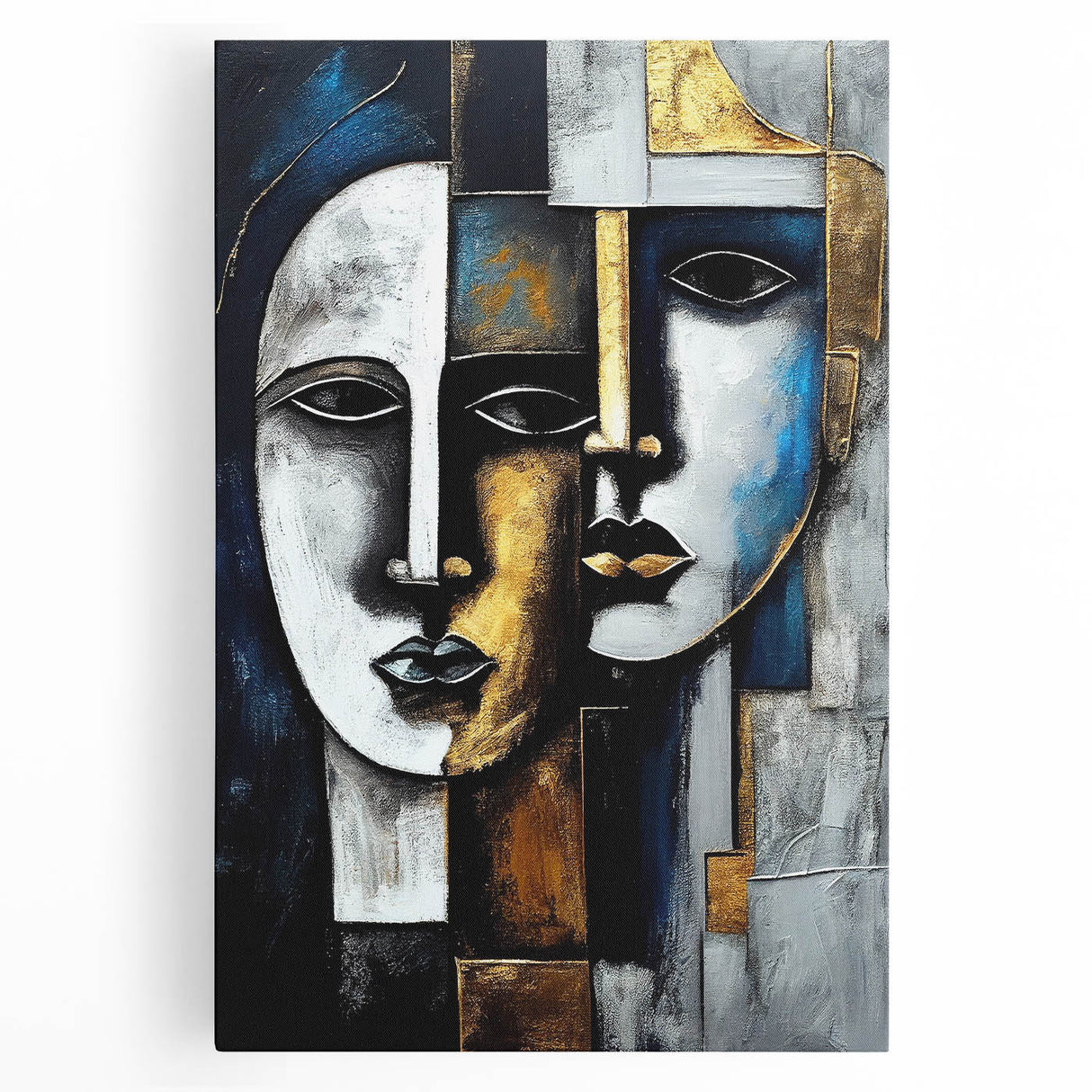 Abstract figurative wall art design on stretched canvas, showcasing vibrant colors and dynamic shapes, ideal for modern home decor.