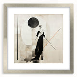 Framed abstract figurative wall art in silver, showcasing a modern design with vibrant colors and dynamic shapes, ideal for contemporary decor.