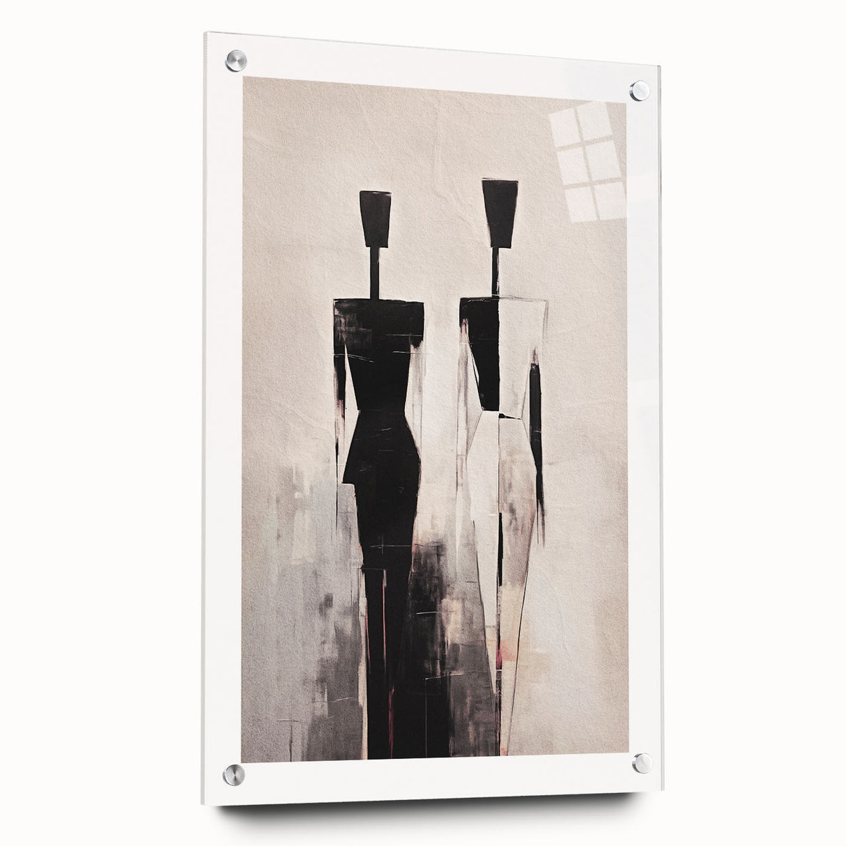 Abstract figurative wall art design showcasing vibrant colors and dynamic shapes, presented in acrylic glass with visible mounting pins for a modern aesthetic.