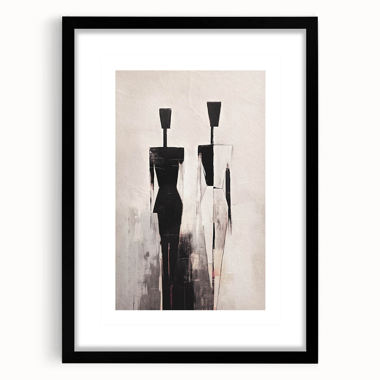 Abstract figurative wall art design showcasing a modern black frame with a mat, featuring vibrant colors and unique shapes for stylish decor.