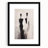 Abstract figurative wall art design showcasing a modern black frame with a mat, featuring vibrant colors and unique shapes for stylish decor.