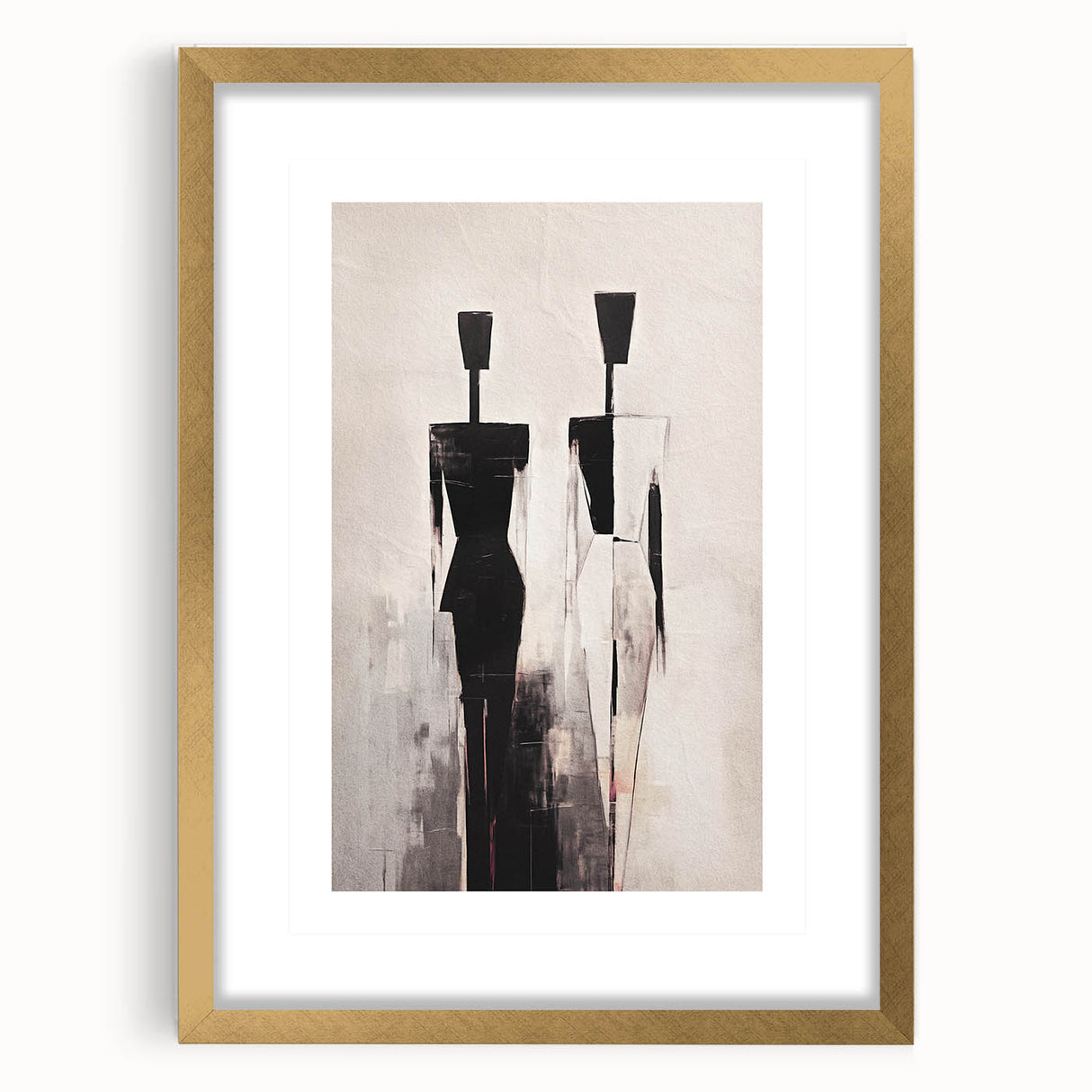 Abstract figurative wall art in a gold frame with matting, showcasing vibrant colors and unique patterns, ideal for modern decor.