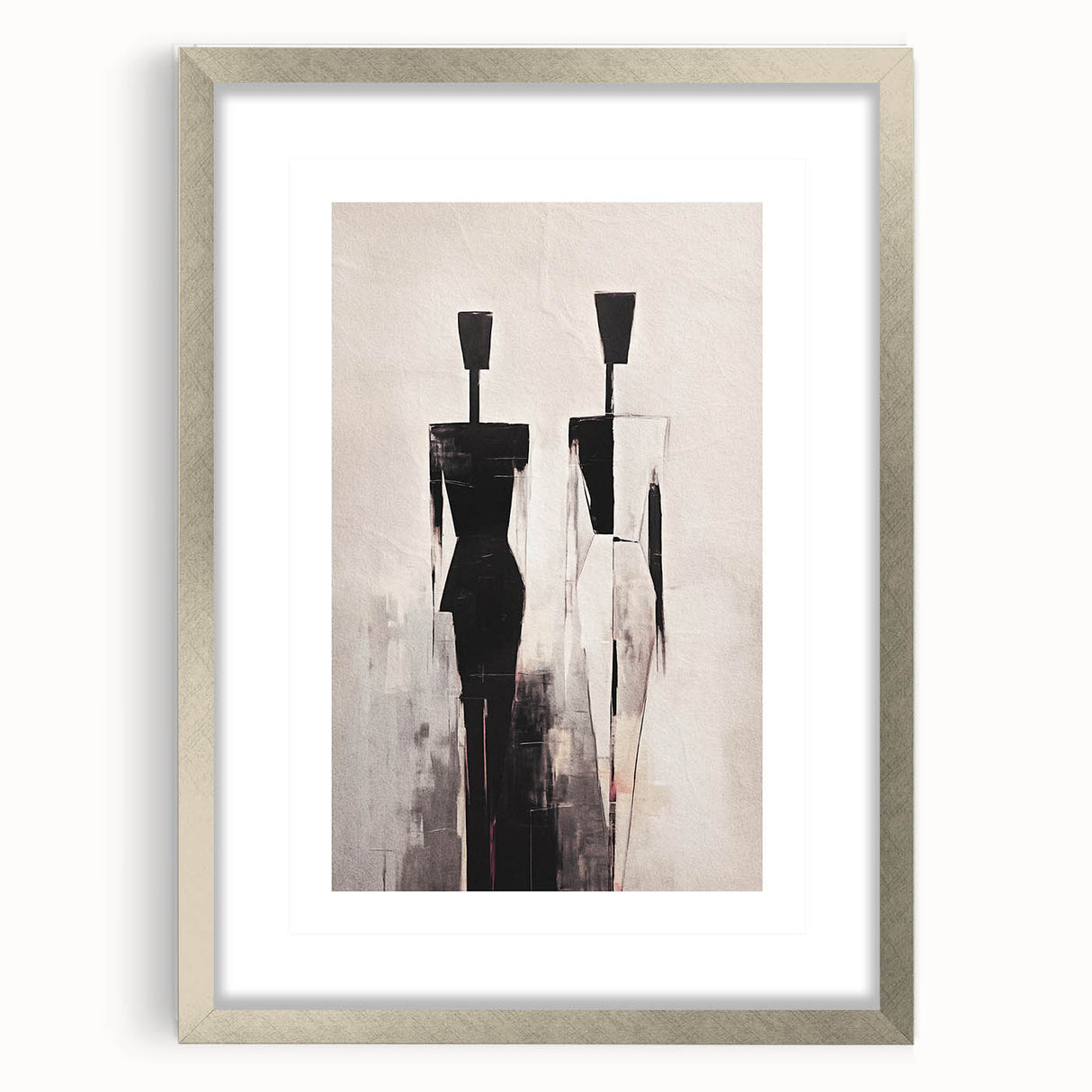 Framed abstract figurative wall art design in silver, showcasing vibrant colors and unique shapes, perfect for modern home decor.