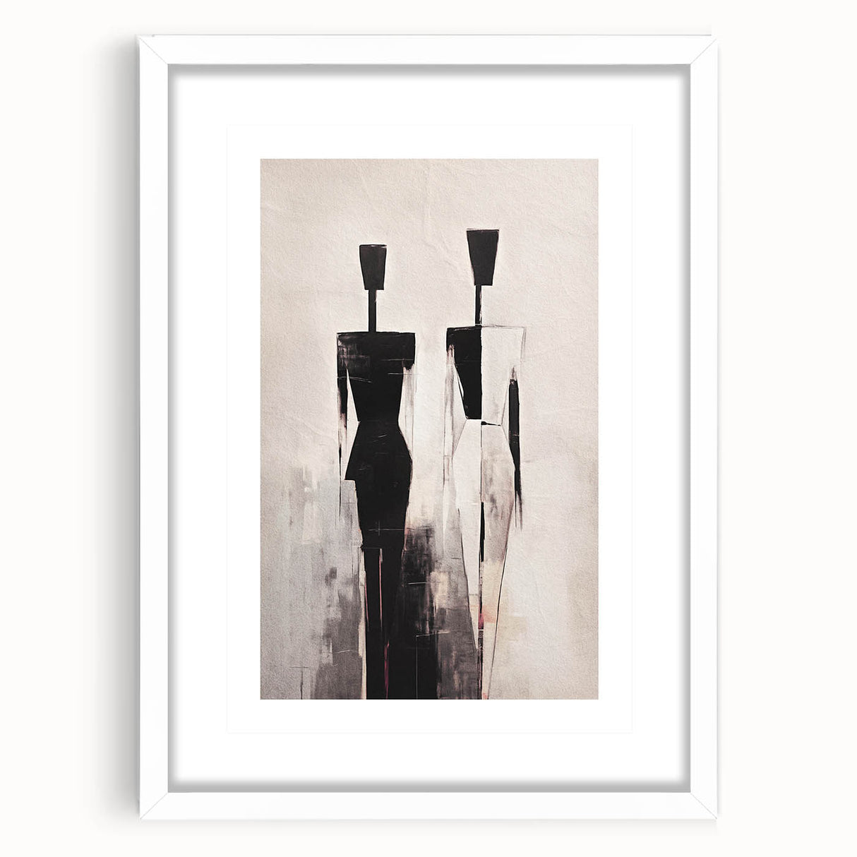 Framed abstract figurative wall art in a white mat and frame, showcasing colorful shapes and unique designs, perfect for modern decor.