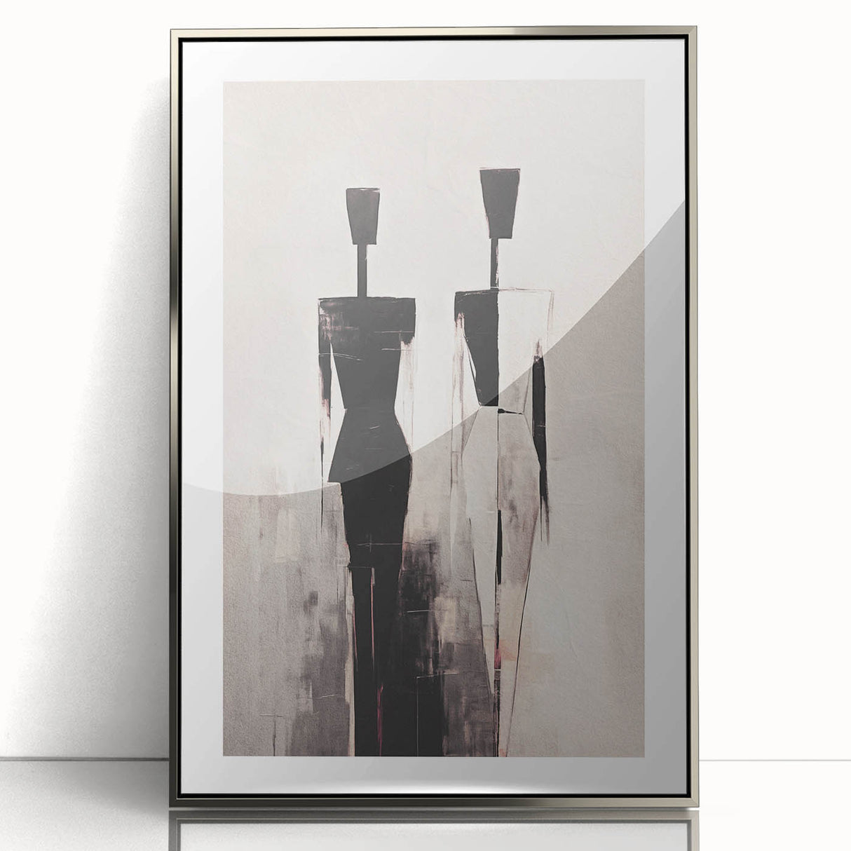 Framed abstract figurative wall art in silver acrylic, showcasing a modern design with flowing lines and muted colors, ideal for contemporary decor.