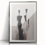 Framed abstract figurative wall art in silver acrylic, showcasing a modern design with flowing lines and muted colors, ideal for contemporary decor.