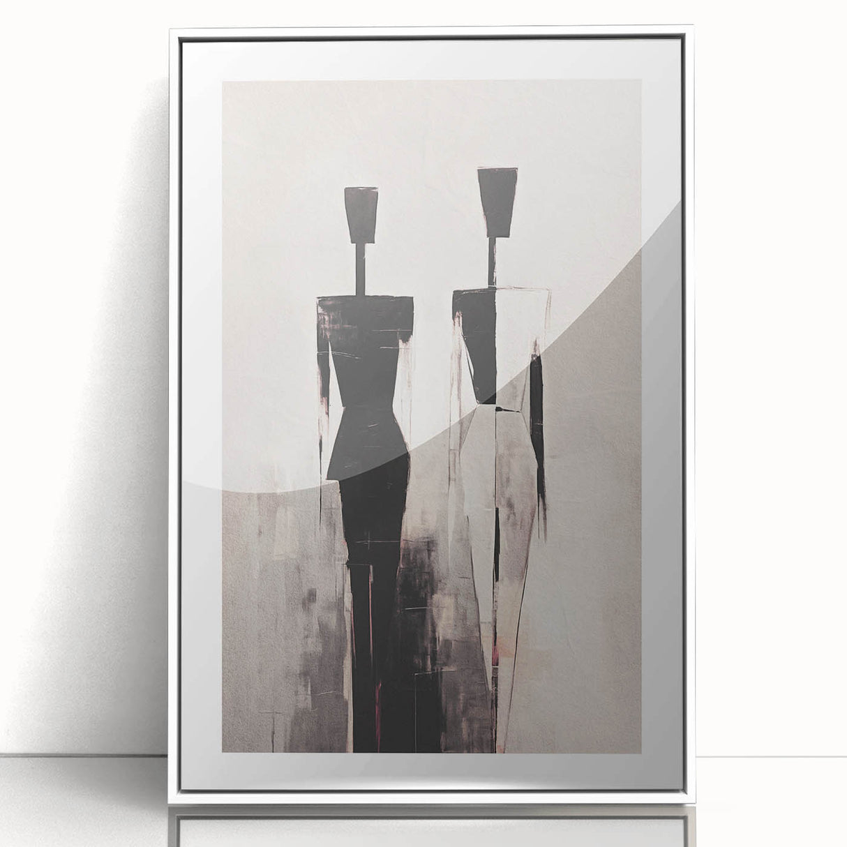 Framed abstract figurative wall art design showcasing vibrant colors and dynamic shapes, set in a sleek white frame for modern decor.