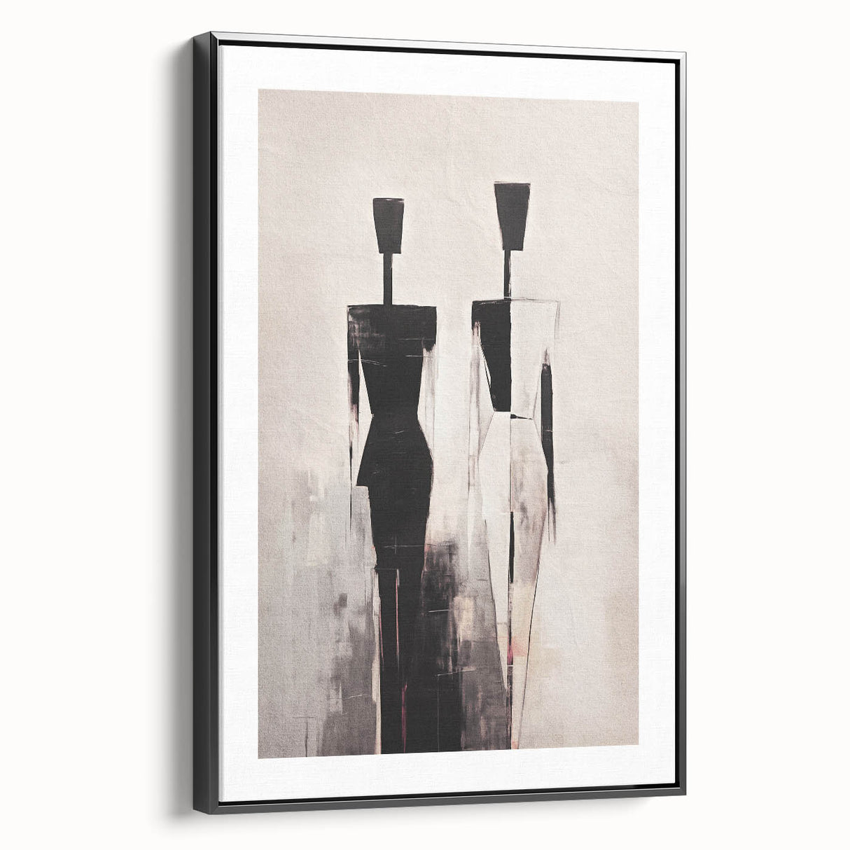 Framed abstract figurative wall art showcasing a dynamic design in earthy tones, displayed from a black side view for a modern aesthetic.