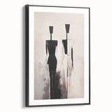 Framed abstract figurative wall art showcasing a dynamic design in earthy tones, displayed from a black side view for a modern aesthetic.
