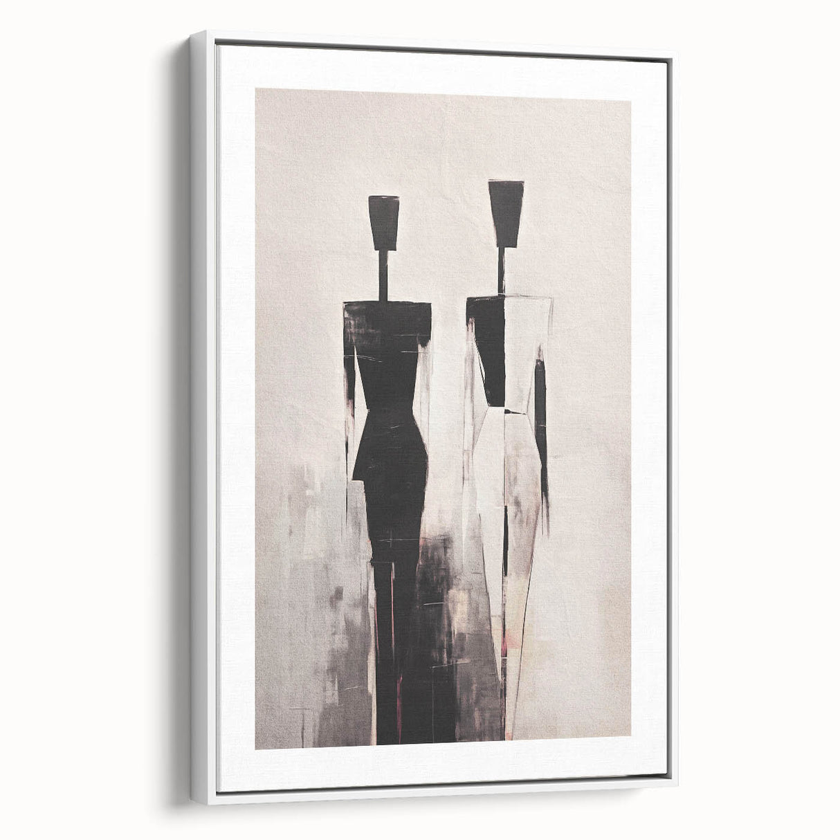 Abstract figurative wall art collection featuring a framed canvas design with vibrant colors and dynamic shapes, showcased from a side view.