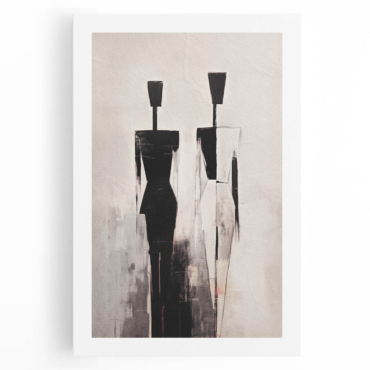 Abstract figurative wall art design on stretched canvas, showcasing vibrant colors and dynamic shapes, perfect for modern home decor.