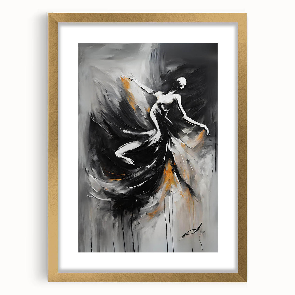 Framed abstract figurative wall art design featuring a gold mat and a sleek frame, showcasing vibrant colors and modern artistic elements.