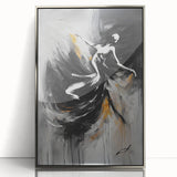 Framed abstract figurative wall art in silver acrylic, showcasing vibrant colors and dynamic shapes, perfect for modern home decor.