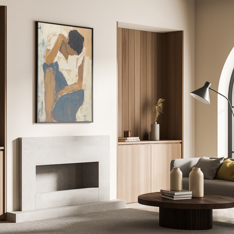 Modern abstract figurative wall art in warm tones above a fireplace in a neutral living room