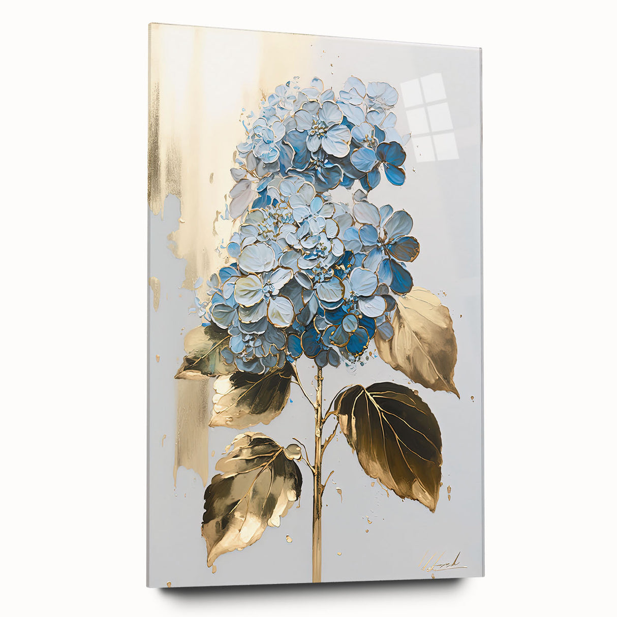 Abstract floral wall art design showcasing vibrant colors and intricate patterns, displayed in acrylic glass with a sleek side view, ideal for modern decor.