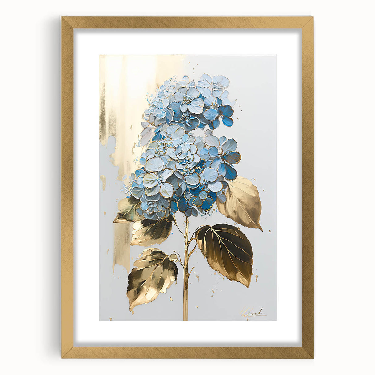 Framed abstract floral wall art design featuring vibrant colors and intricate patterns, elegantly displayed with a gold mat for a luxurious touch.