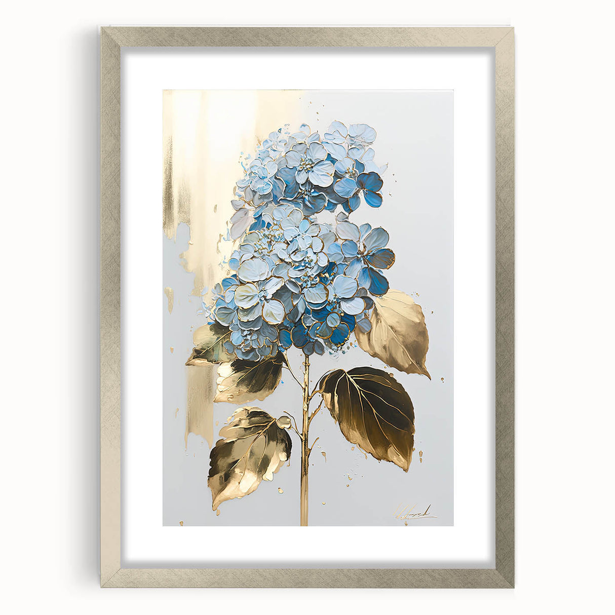 Framed abstract floral wall art in a silver frame, showcasing vibrant colors and intricate patterns, perfect for modern decor.