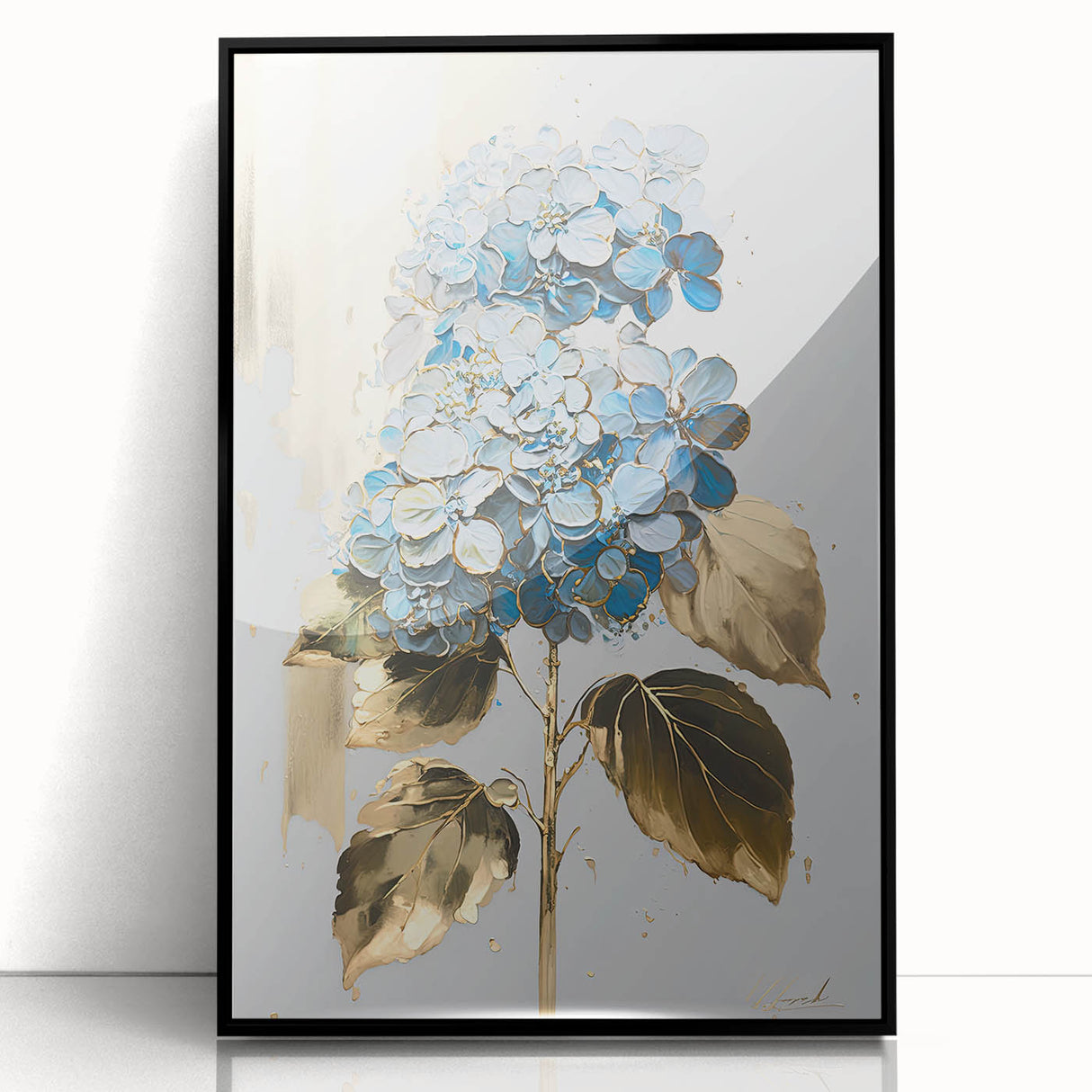 Framed abstract floral wall art in a sleek black frame, showcasing vibrant colors and intricate designs, perfect for modern home decor.