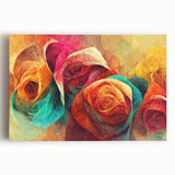 Colorful abstract floral wall art on stretched canvas showcases vibrant blooms in shades of pink, blue, and green, ideal for modern home decor.