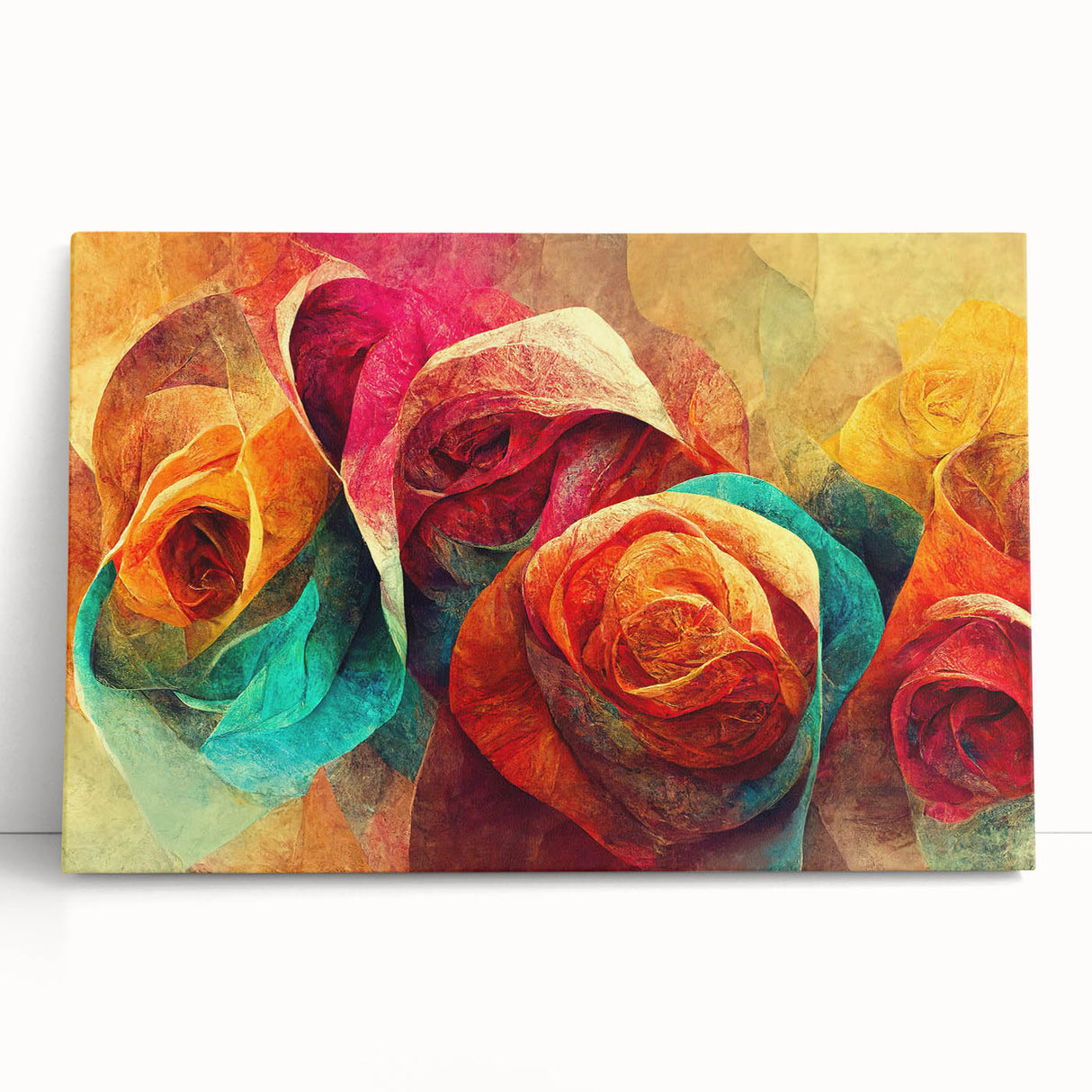 Stretched canvas wall art featuring a vibrant abstract floral design in hues of pink, blue, and green, perfect for modern home decor.