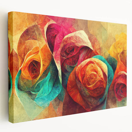 Stretched canvas wall art showcasing an abstract floral design with vibrant colors and textures, perfect for modern home decor.