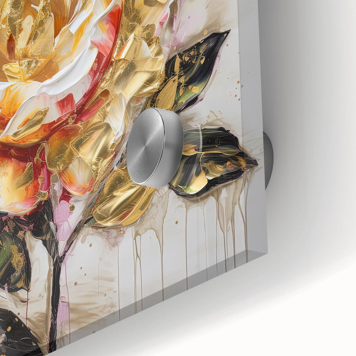 Close-up of an abstract floral wall art piece, showcasing vibrant colors and intricate details on acrylic glass, perfect for modern decor.