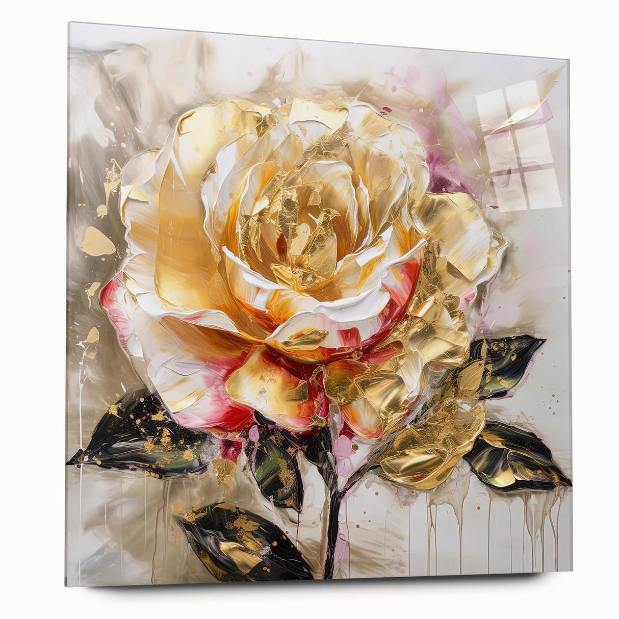 Abstract floral wall art collection showcasing vibrant colors and intricate designs printed on acrylic glass, displayed in an elegant side view.