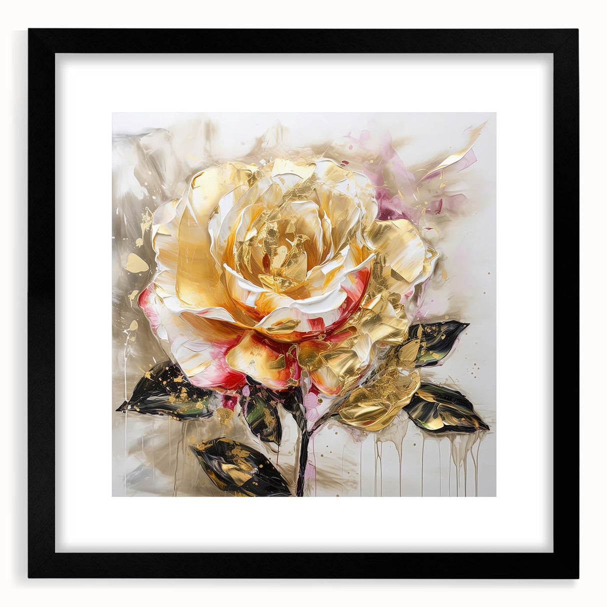 Framed abstract floral wall art in a sleek black frame with matting, showcasing vibrant colors and modern design for stylish home decor.