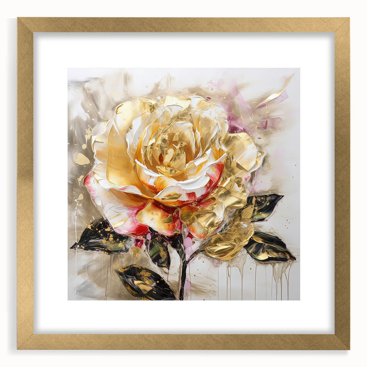 Framed abstract floral wall art featuring vibrant colors and intricate designs, set in a gold frame with a mat for an elegant display.