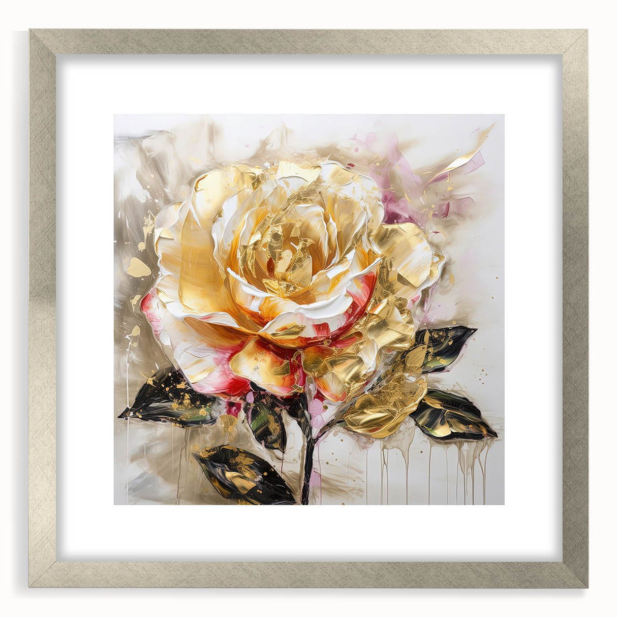 Framed abstract floral wall art in a silver mat, showcasing vibrant colors and intricate design, perfect for modern home decor.