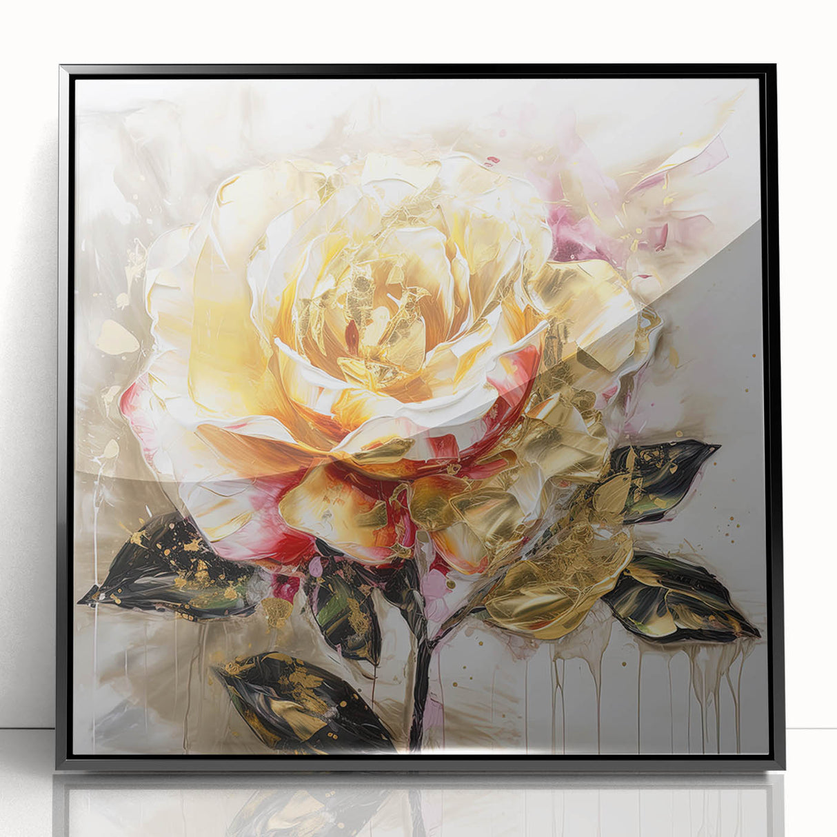 Framed abstract floral wall art design featuring vibrant colors and intricate patterns, set in a sleek black frame for modern decor.