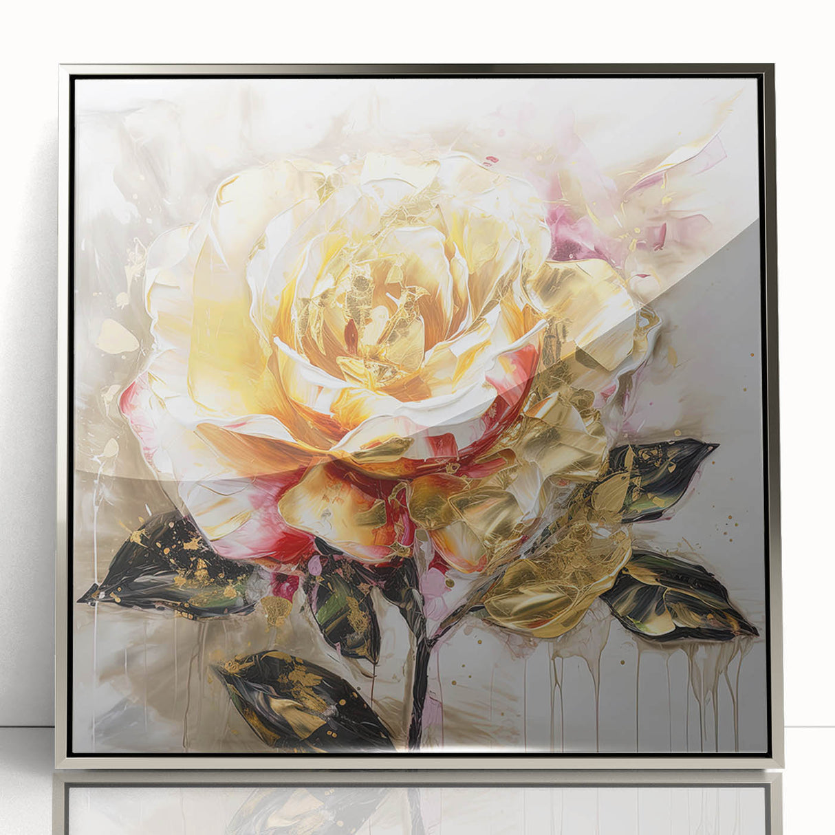 Framed abstract floral wall art design featuring vibrant colors and intricate patterns, set in a sleek silver frame, ideal for modern decor.