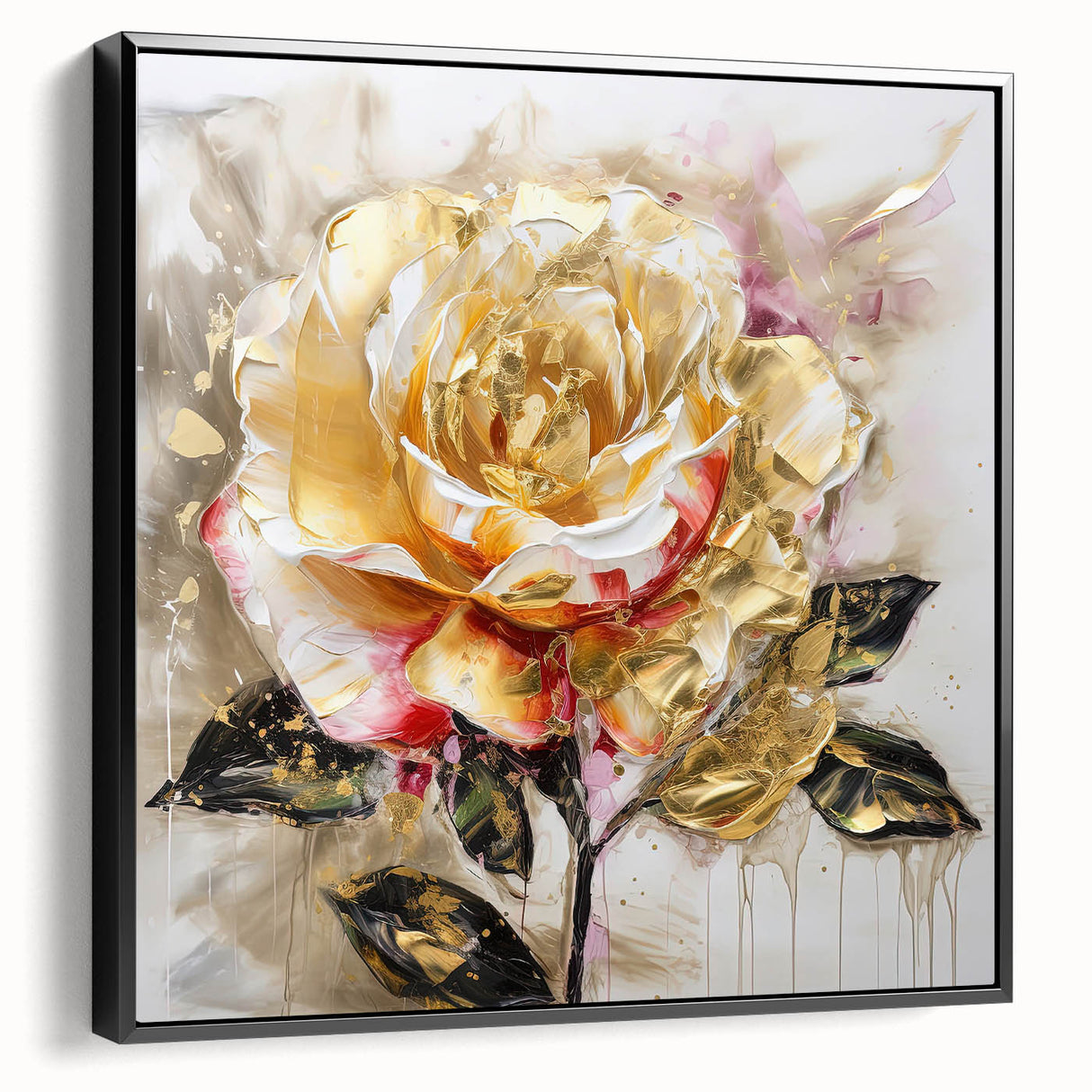 Framed abstract floral wall art design featuring vibrant colors and intricate patterns, displayed in a sleek black frame, side view.