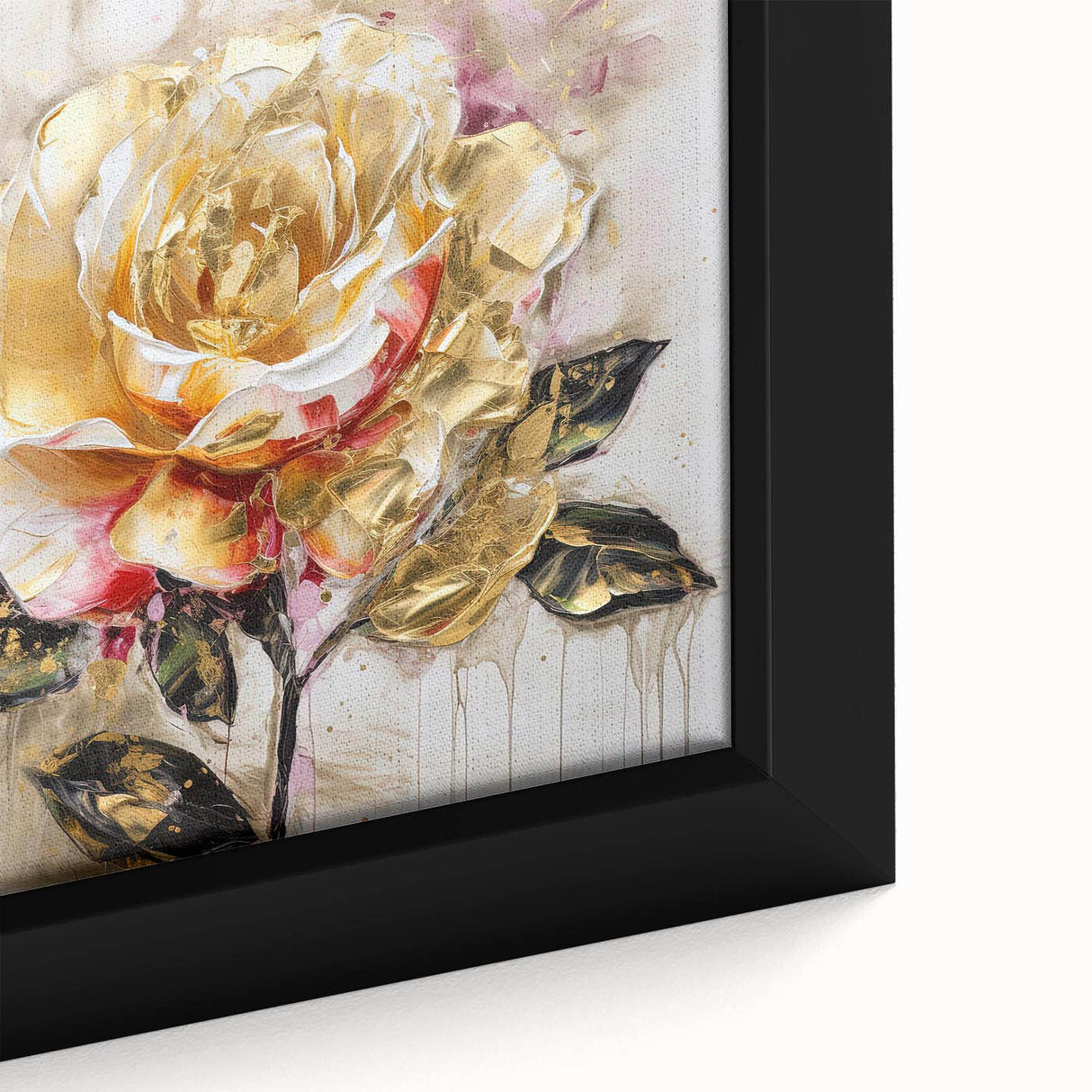 Close-up view of an abstract floral design wall art piece, showcasing vibrant colors and intricate details, elegantly framed for display.