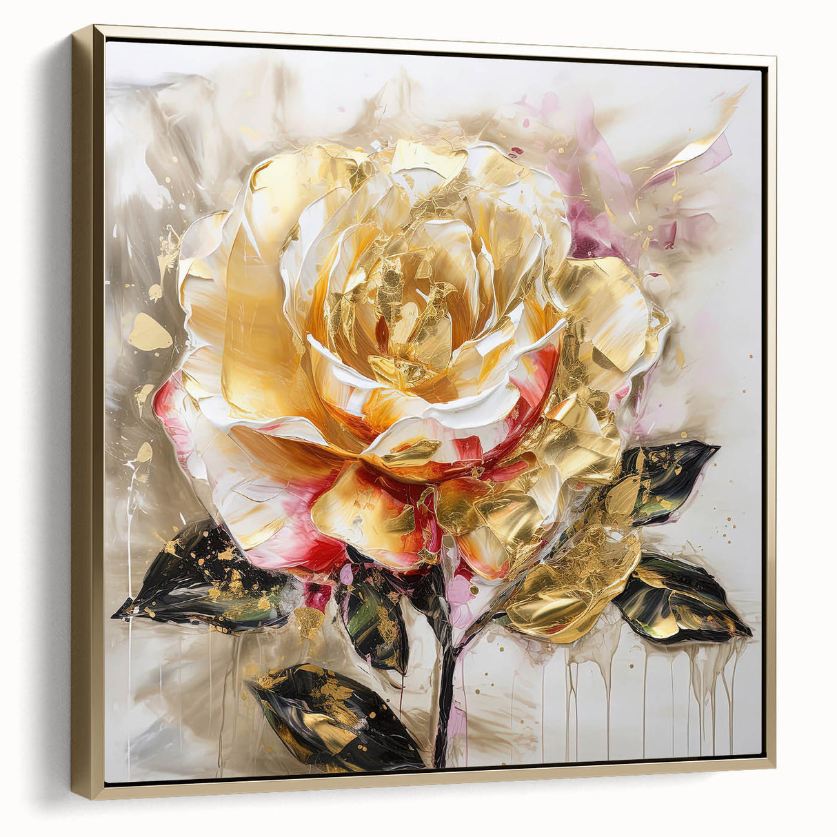 Framed wall art featuring an abstract floral design in vibrant colors, set against a gold background, showcasing elegant details and texture.
