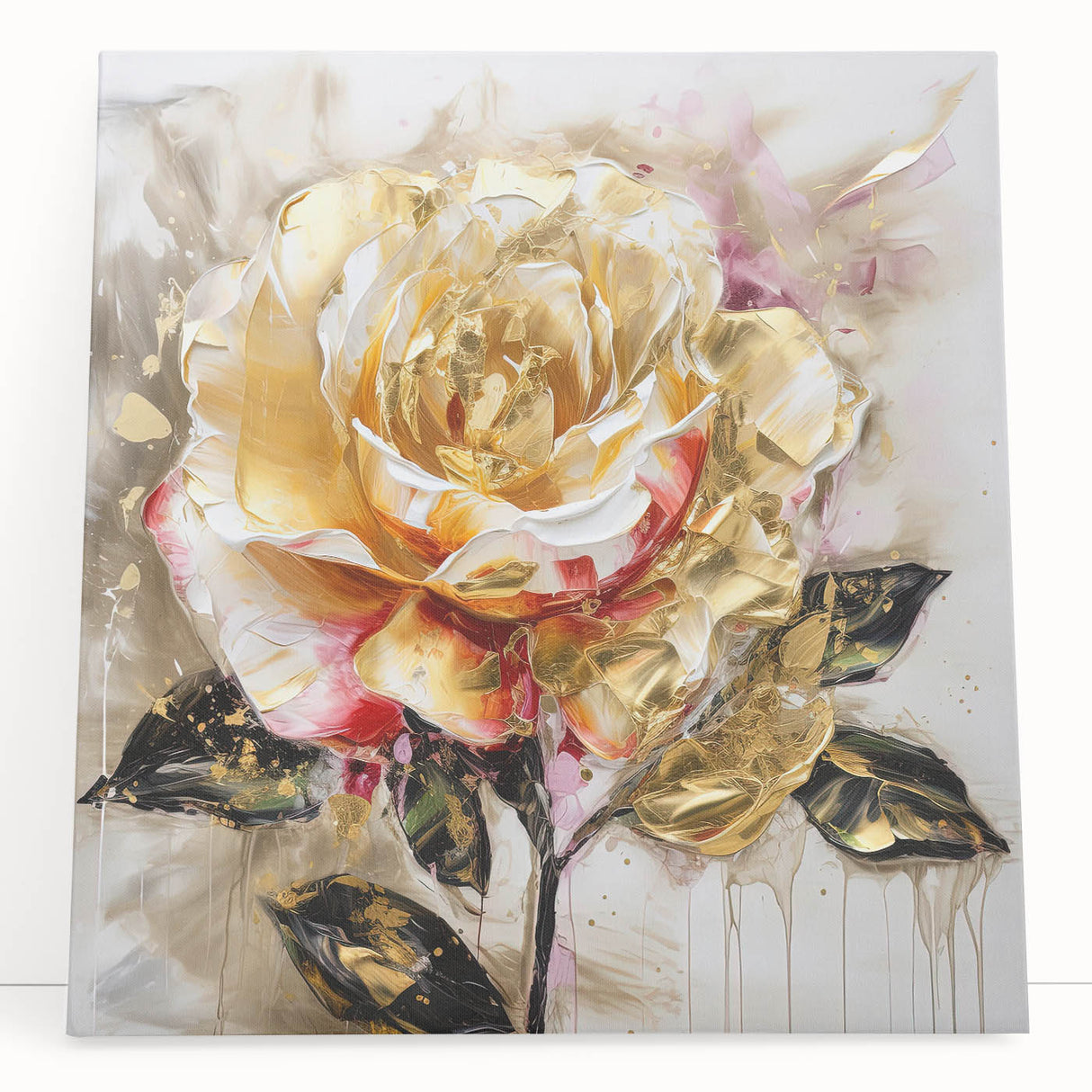 Vibrant abstract floral wall art design on stretched canvas, showcasing colorful blooms and flowing shapes, perfect for modern home decor.
