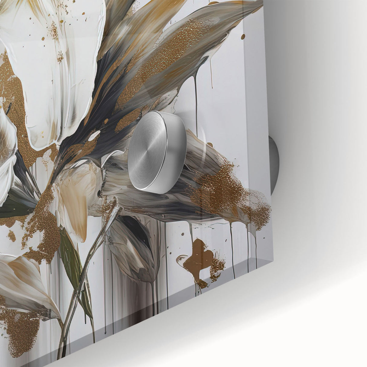 Close-up of an abstract floral wall art piece, showcasing vibrant colors and intricate details on acrylic glass, ideal for modern decor.