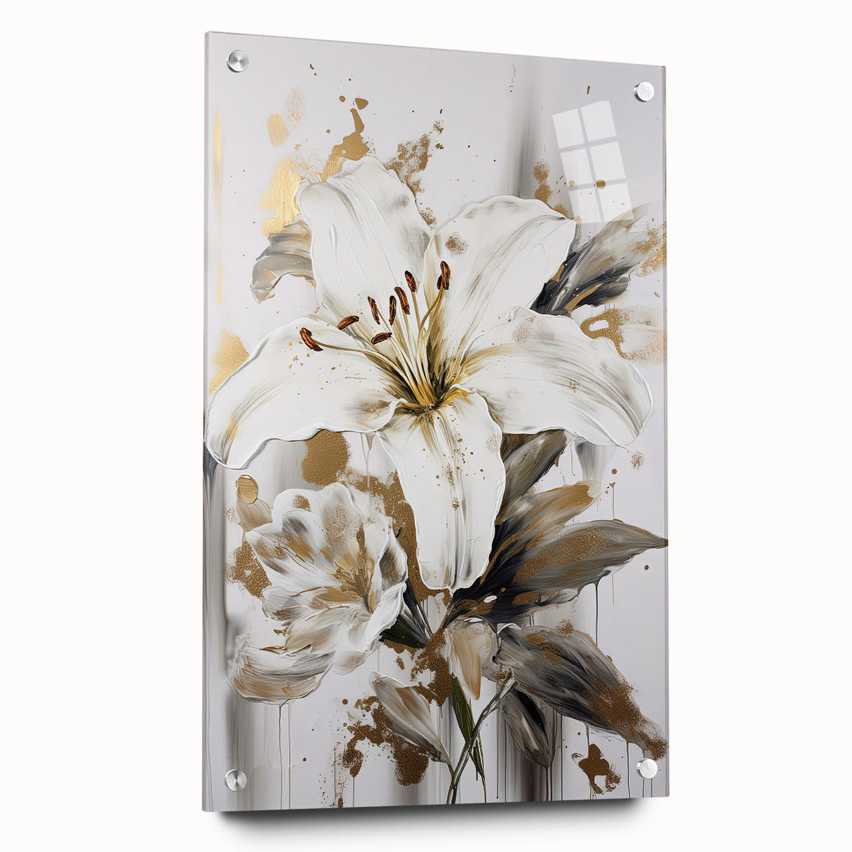 Abstract floral wall art collection in vibrant colors, displayed in a side view with visible acrylic glass and decorative pins, ideal for modern decor.