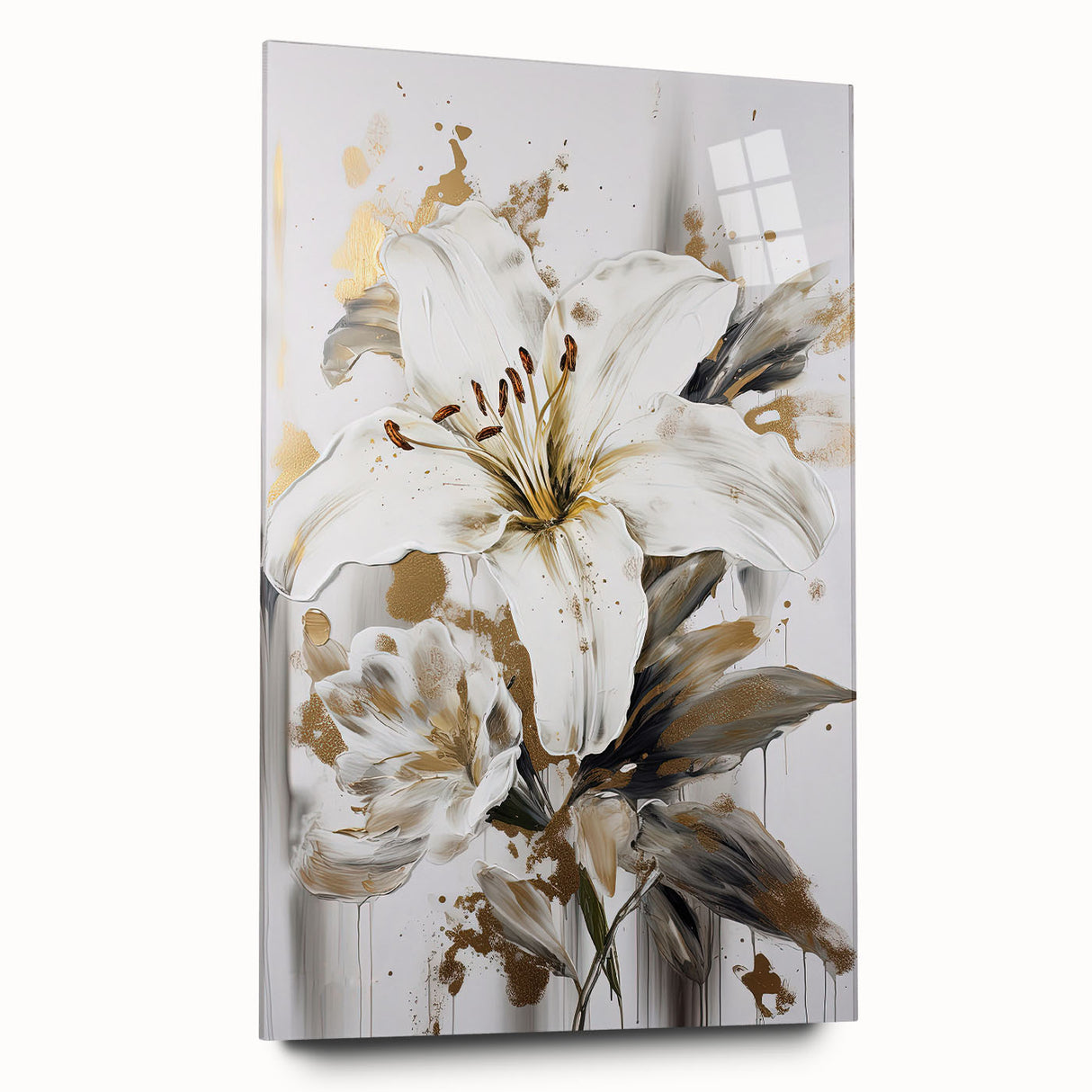 Acrylic glass wall art showcasing an abstract floral design with vibrant colors and smooth finish, ideal for modern home decor.