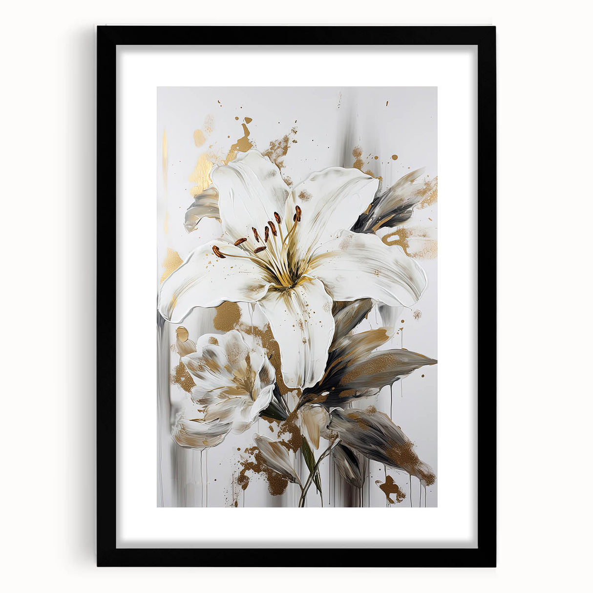 Abstract floral wall art featuring vibrant colors and intricate patterns, displayed in a sleek black frame with a white mat, perfect for home decoration.