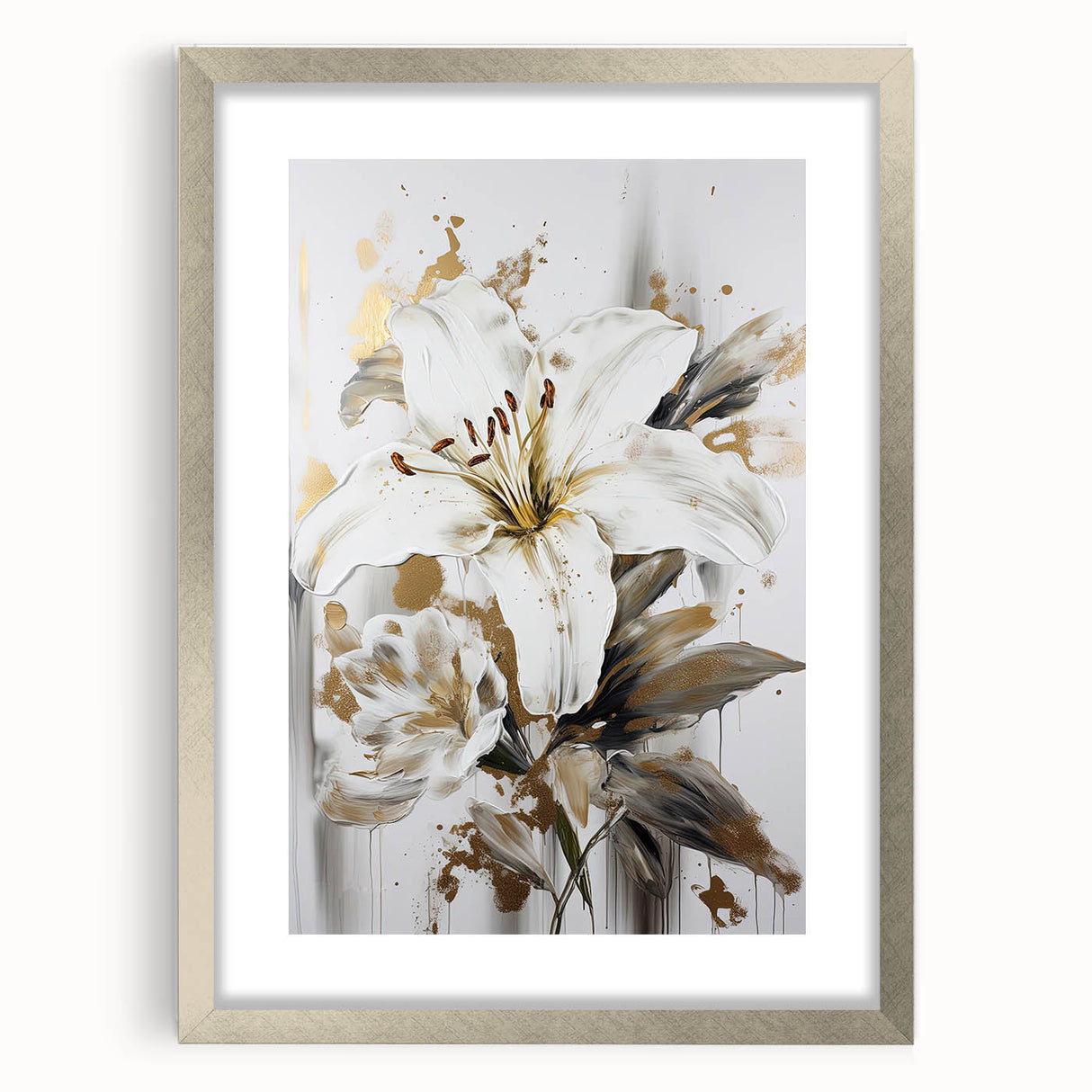 Framed abstract floral wall art in a silver frame with a mat, showcasing vibrant colors and intricate patterns, ideal for modern decor.