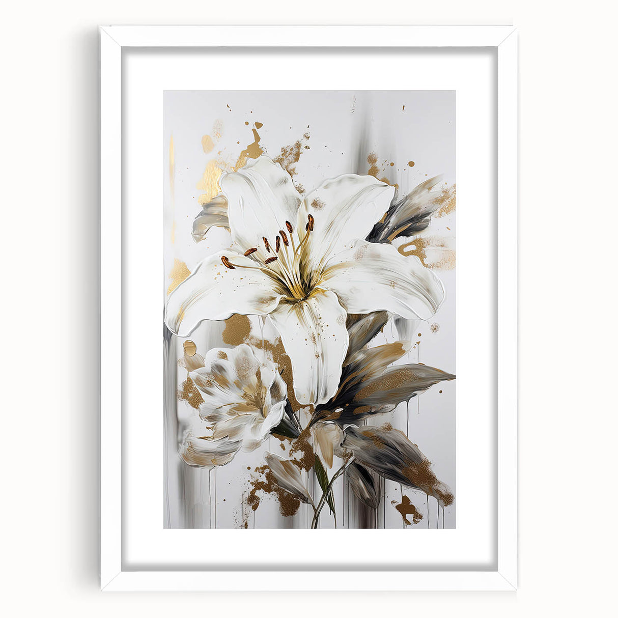 Abstract floral wall art collection in a white frame with mat, showcasing vibrant colors and intricate details, perfect for modern decor.