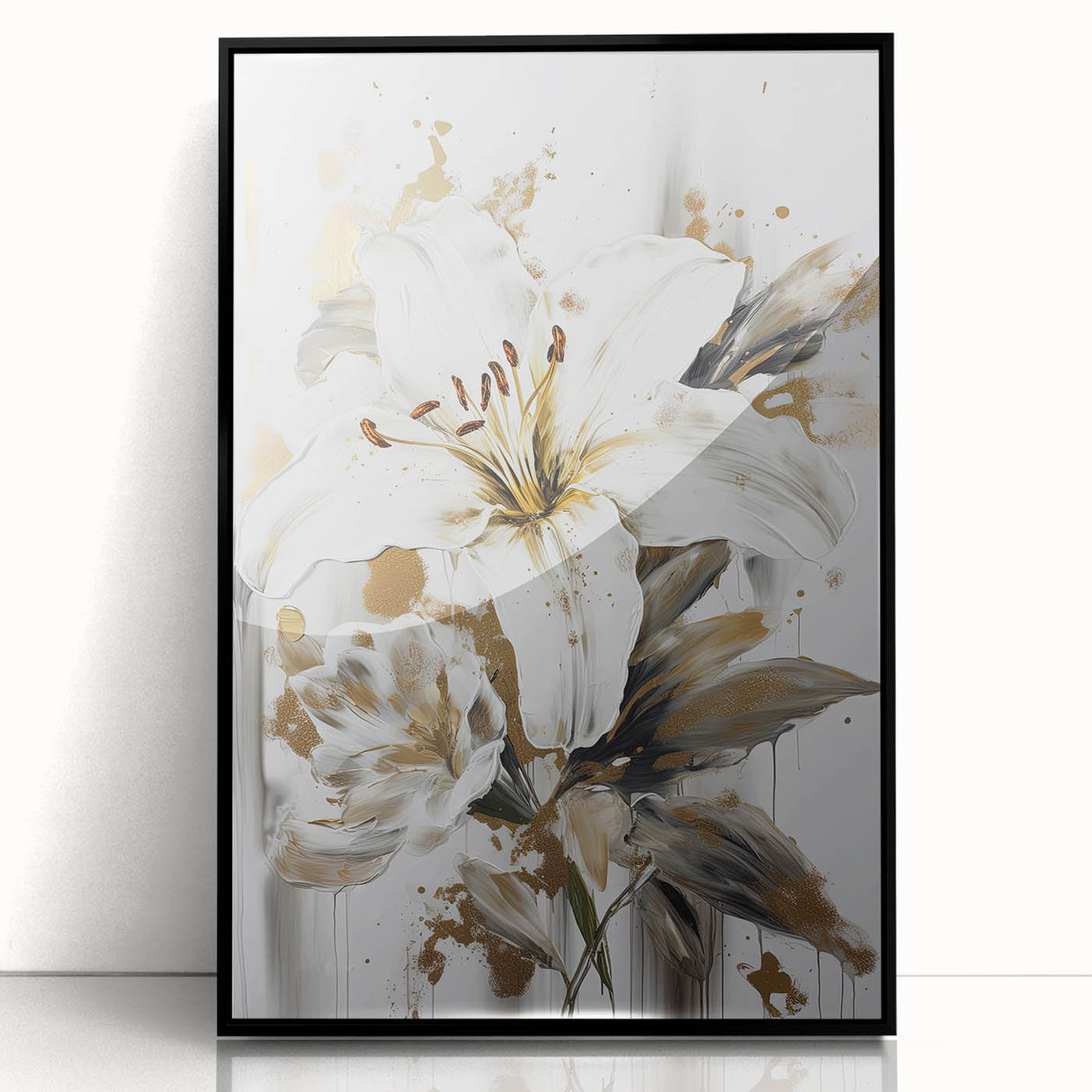 Framed abstract floral wall art design with vibrant colors in a sleek black frame, perfect for modern home decor and enhancing interior aesthetics.
