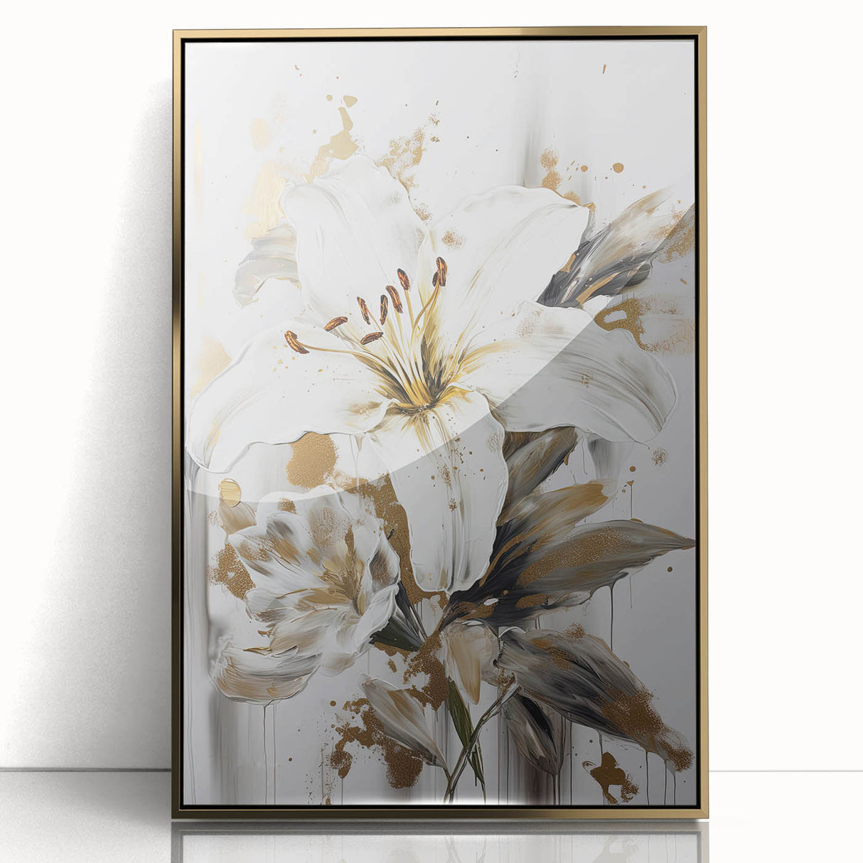 Framed abstract floral wall art design featuring vibrant colors and a sleek gold-acrylic front, perfect for modern home decor.