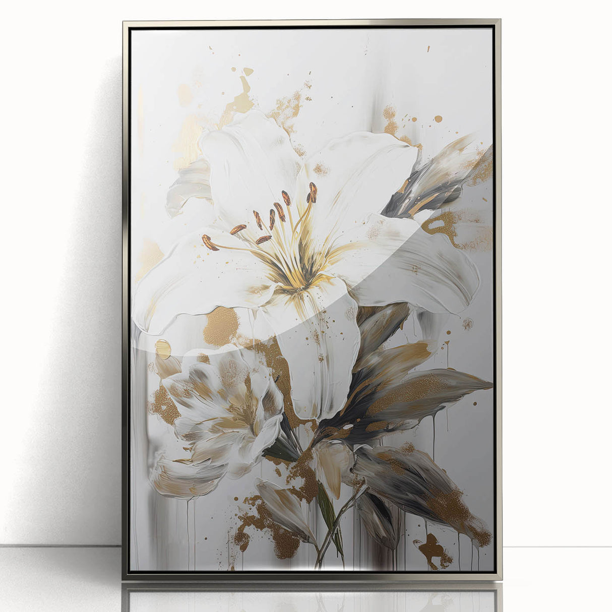 Framed wall art featuring an abstract floral design in vibrant colors with a sleek silver frame, adding a modern touch to home decor.