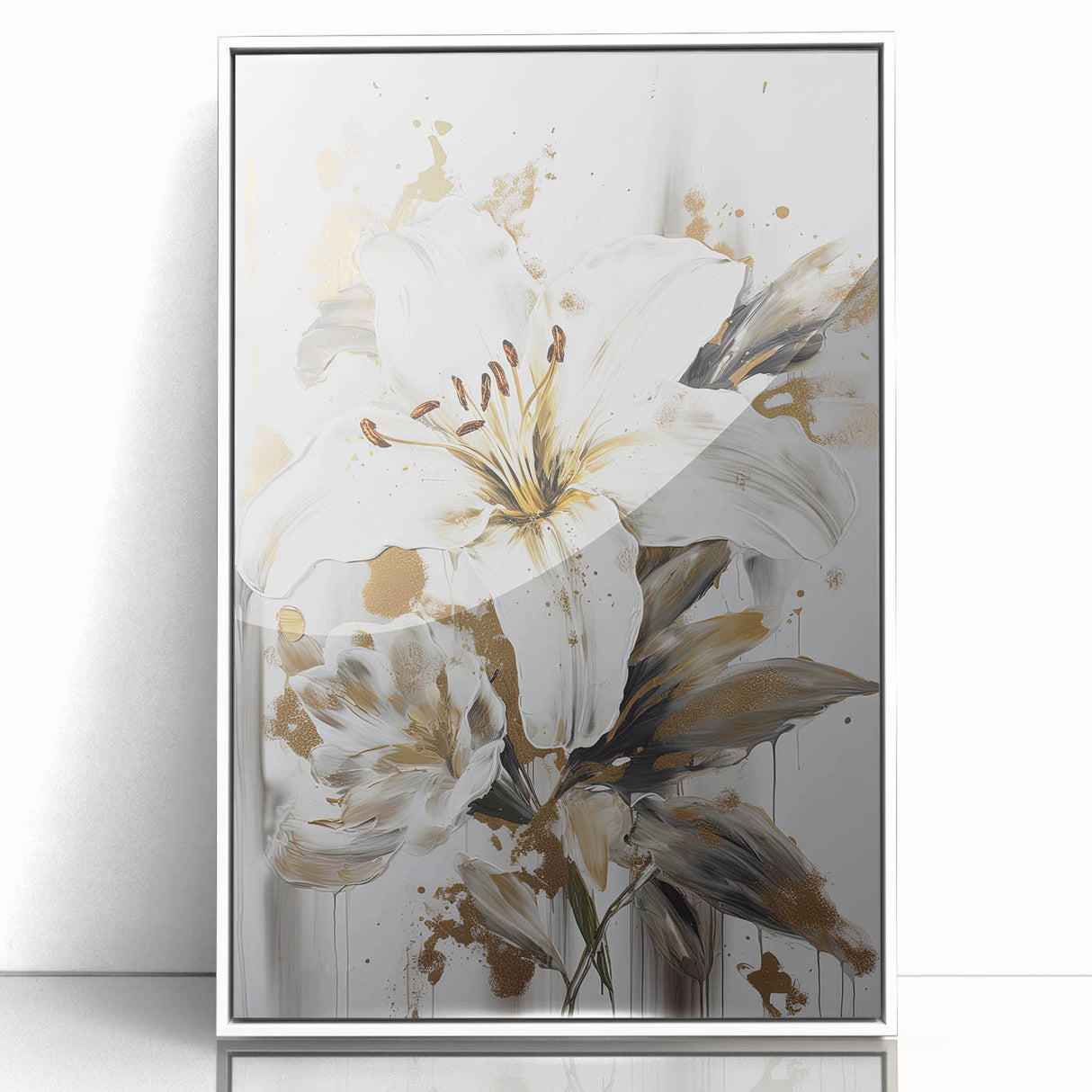 Framed abstract floral wall art with vibrant colors and intricate designs, showcased in a sleek white frame, ideal for modern decor.