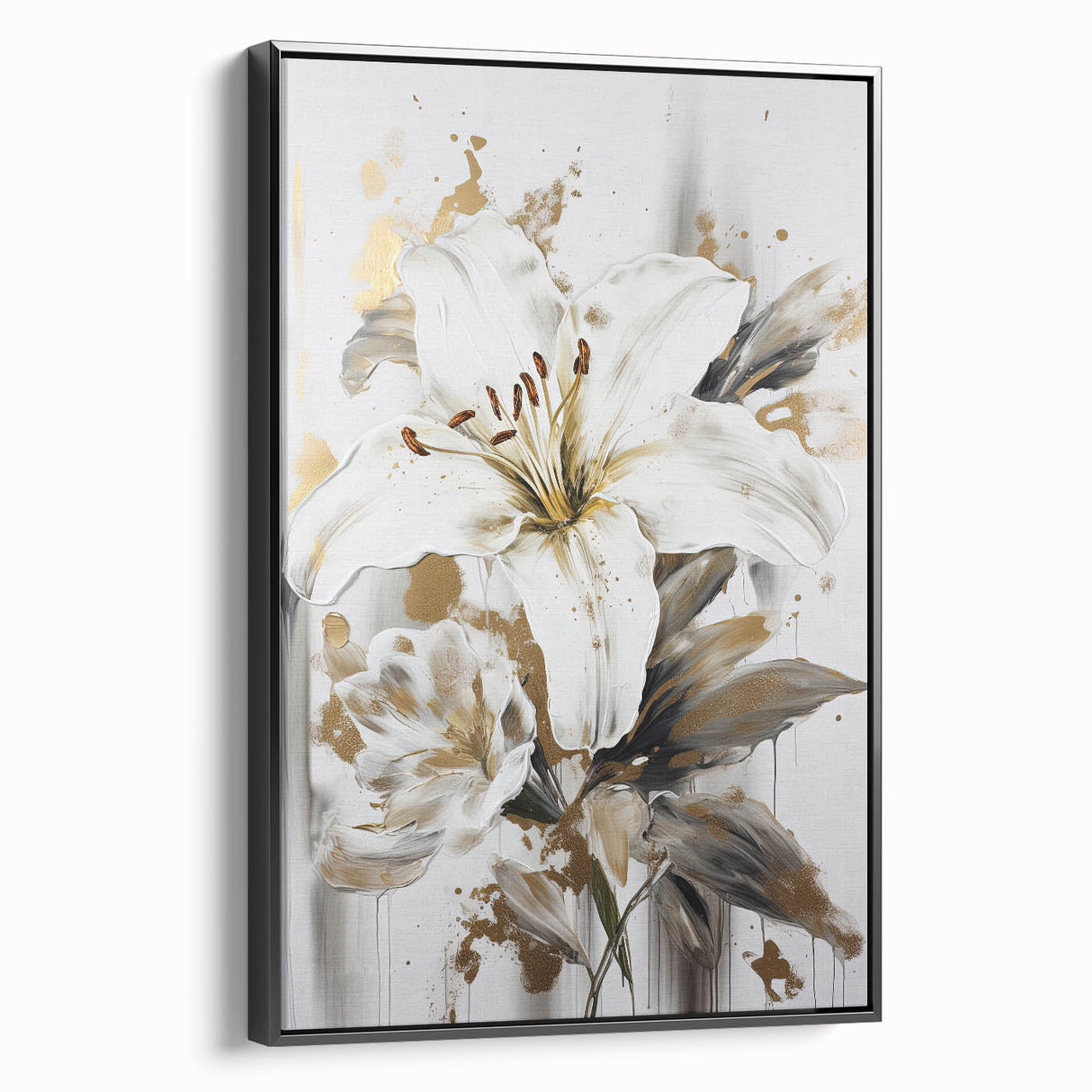 Framed wall art showcasing an abstract floral design in vibrant colors, presented in a sleek black frame, ideal for modern decor.