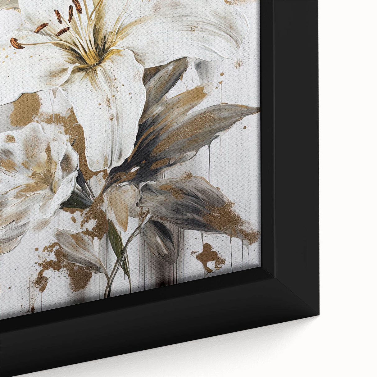 Close-up of a vibrant abstract floral wall art piece in a sleek black frame, showcasing colorful blossoms and intricate details, perfect for home decor.