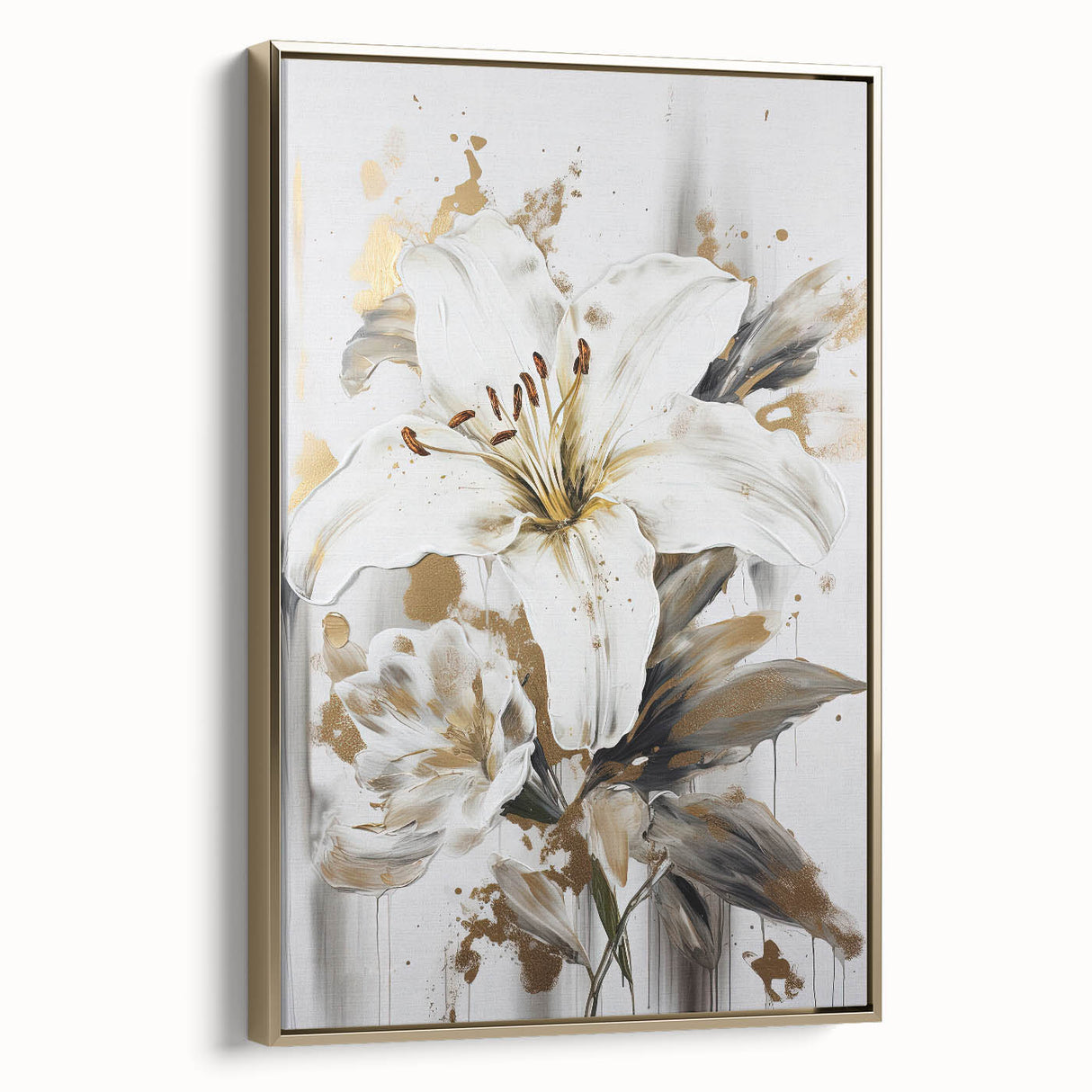 Framed canvas wall art showcasing an abstract floral design with vibrant colors and a gold frame, adding elegance to any interior decor.
